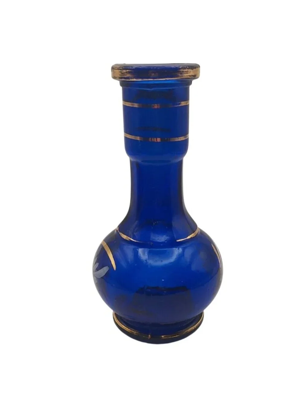 Vintage Cobalt Blue Glass Bud Vase Hand Painted Daisy Floral Cottage Shelf Decor